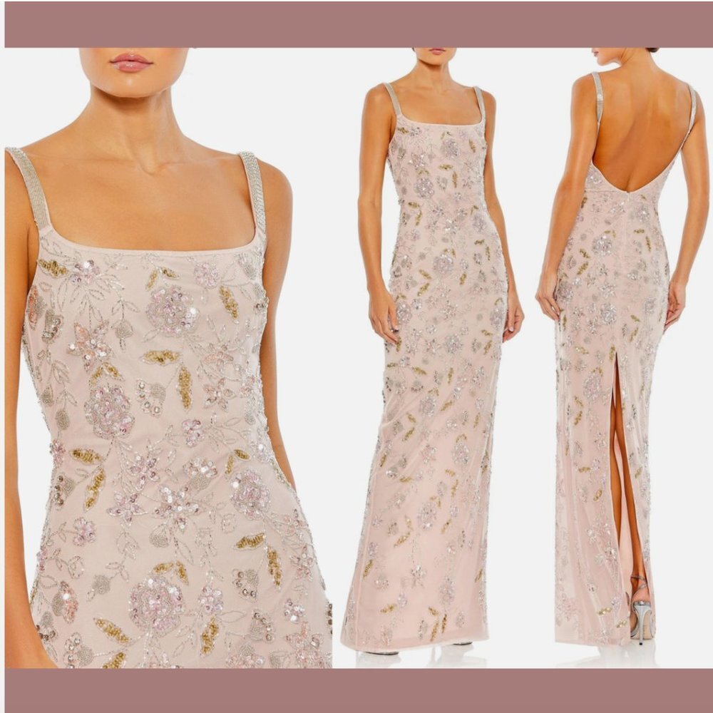 NWT $498 Mac Duggal [ 12 ] Hand Beaded Floral Spaghetti Strap Gown in Rose #Q457